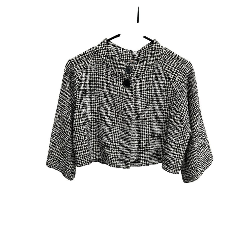 Elizabeth Gillett NYC Tweed Cropped Coat Houndstooth Jacket Black White Academia